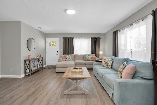 living room featuring wood-type flooring and a textured ceiling