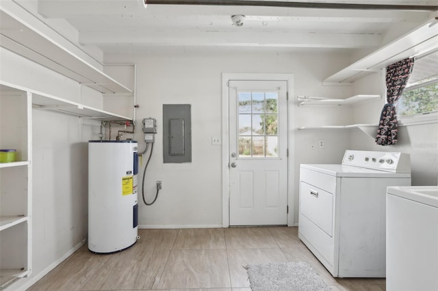 laundry area featuring washing machine and dryer, electric panel, and water heater