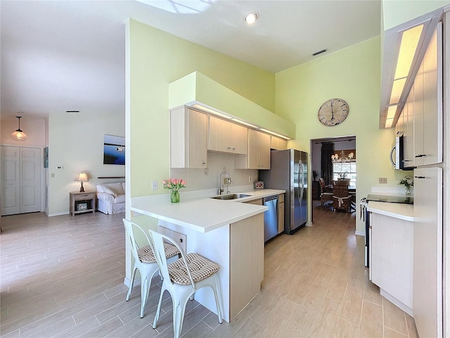 kitchen featuring appliances with stainless steel finishes, light countertops, a sink, and light wood finished floors