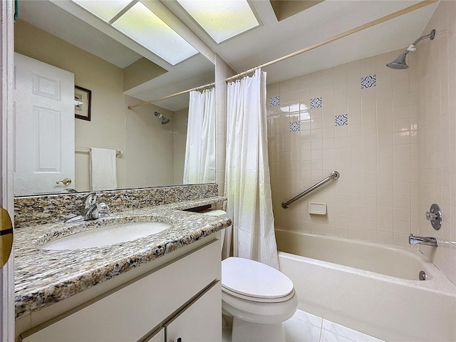 full bathroom with shower / bath combination with curtain, tile patterned flooring, vanity, and toilet