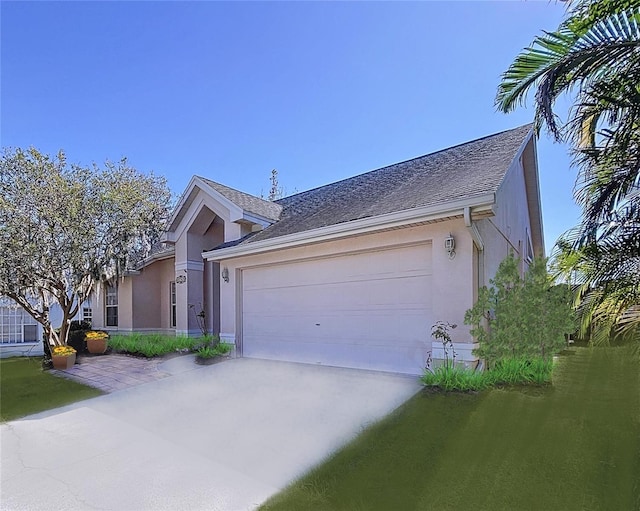 single story home featuring driveway, an attached garage, and stucco siding