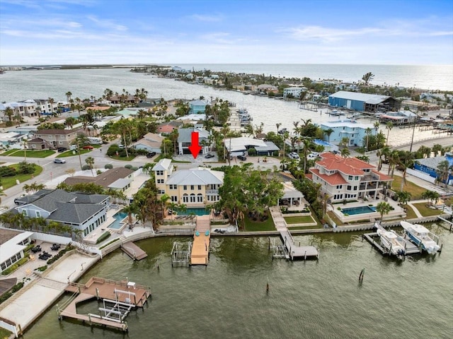 drone / aerial view featuring a water view