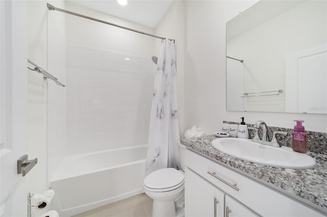 full bathroom featuring vanity, tile patterned flooring, shower / bathtub combination with curtain, and toilet