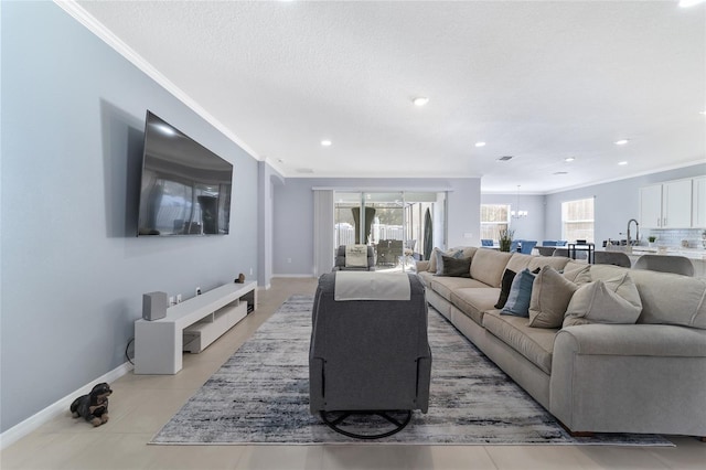 tiled living room featuring a textured ceiling and crown molding