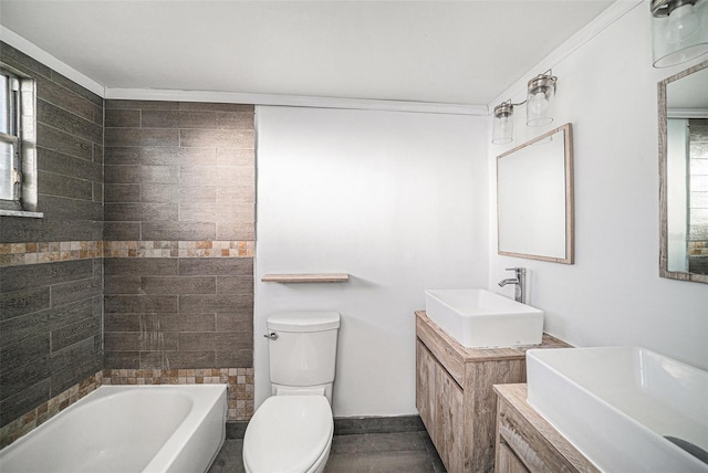 full bathroom featuring crown molding, vanity, shower / bath combination, and toilet