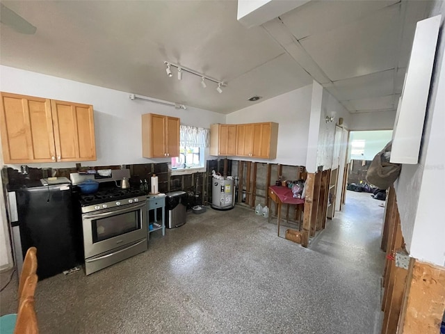 kitchen featuring light brown cabinetry and stainless steel range with gas cooktop