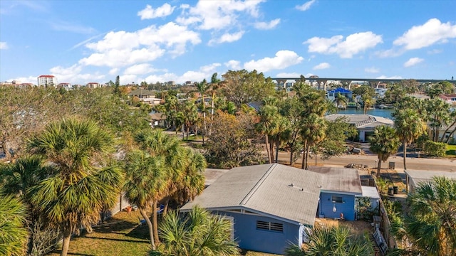 bird's eye view with a water view