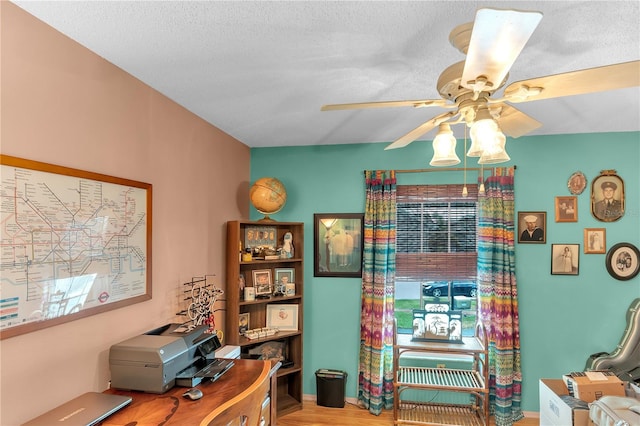 office featuring a textured ceiling, light hardwood / wood-style floors, and ceiling fan