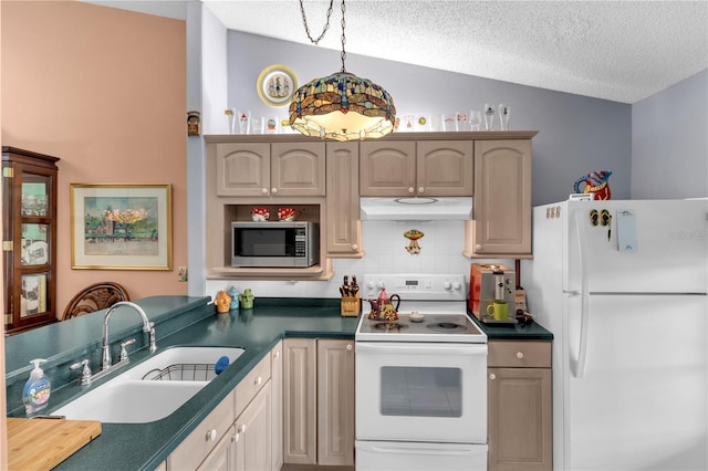 kitchen with sink, backsplash, lofted ceiling, a textured ceiling, and white appliances