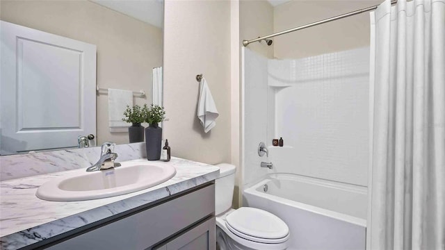 full bathroom with vanity, toilet, and shower / bathtub combination with curtain