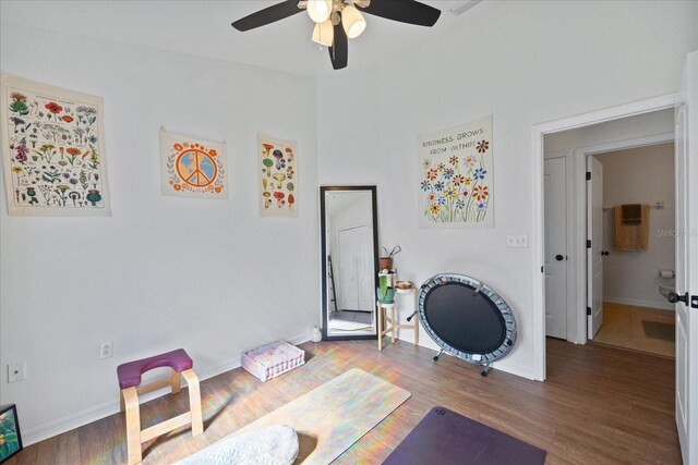 workout area with ceiling fan and hardwood / wood-style flooring