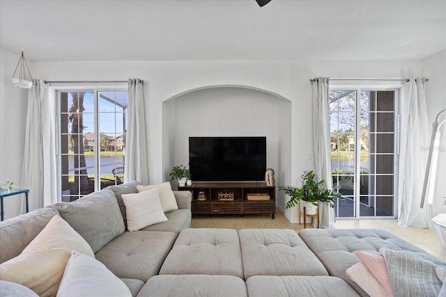 living room with light carpet