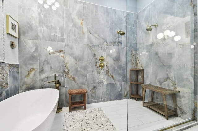 bathroom featuring tile walls and plus walk in shower