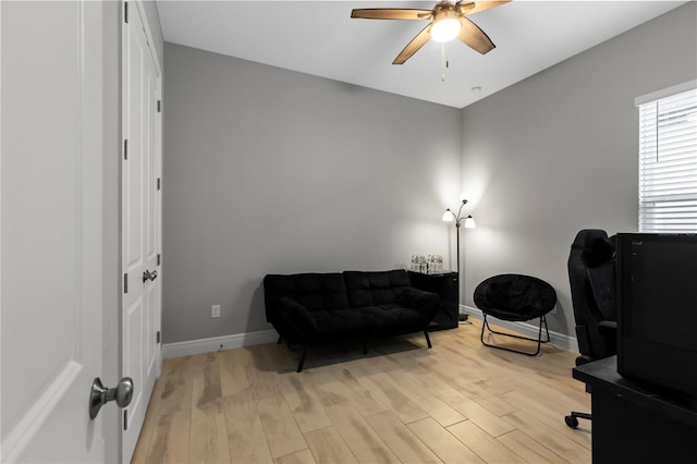 office area featuring ceiling fan and light hardwood / wood-style floors