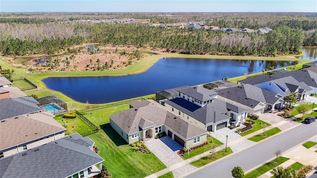 bird's eye view featuring a water view and a residential view
