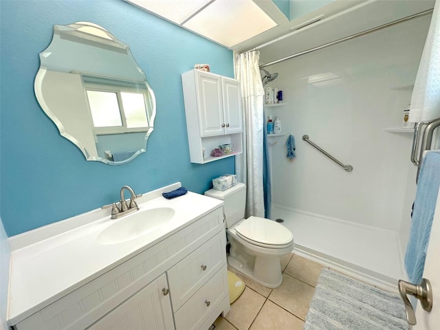 bathroom featuring toilet, tile patterned flooring, vanity, and a shower with shower curtain