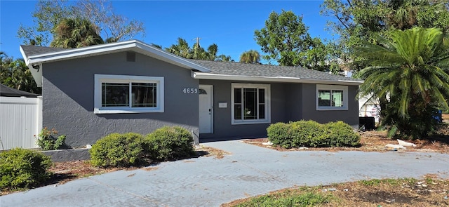 view of front facade featuring stucco siding and fence