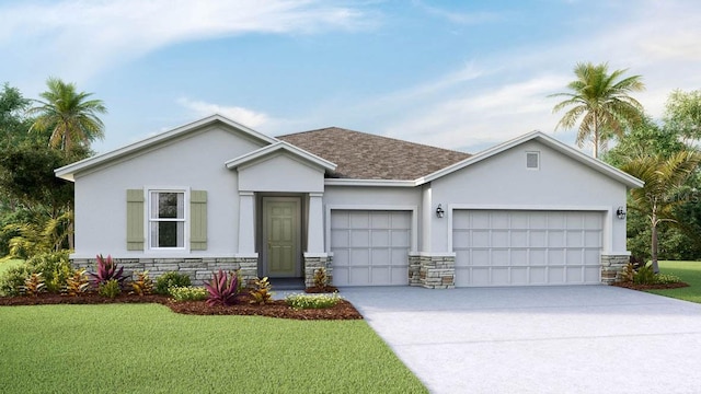 ranch-style home featuring a garage and a front lawn