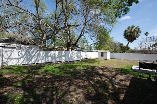 view of yard featuring a storage shed