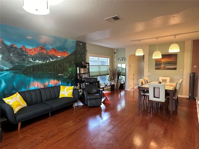 living room with a textured ceiling, rail lighting, and dark hardwood / wood-style floors