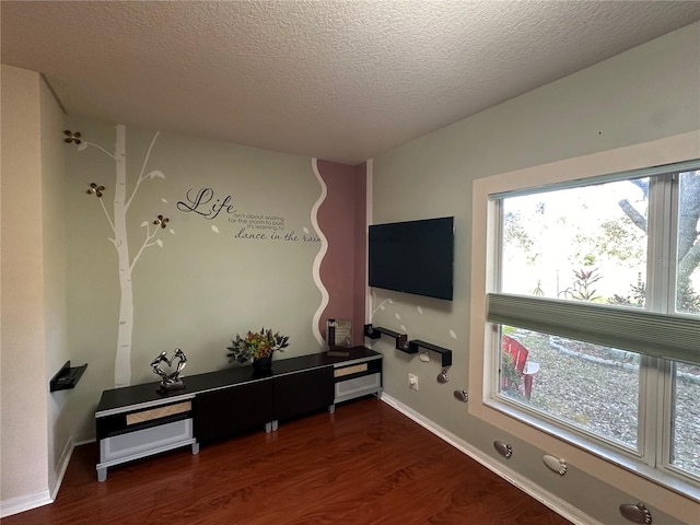 living room featuring a textured ceiling and dark wood-type flooring