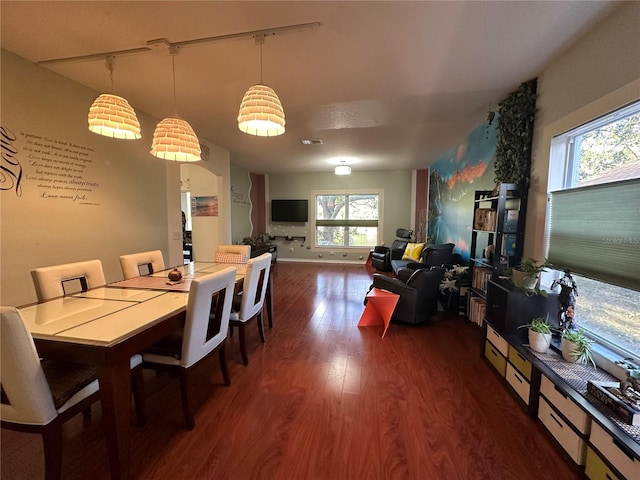 dining area featuring dark hardwood / wood-style floors, track lighting, and a healthy amount of sunlight