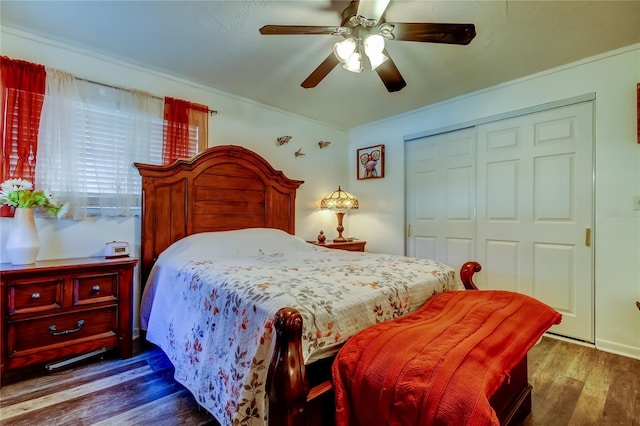 bedroom featuring a closet, dark hardwood / wood-style floors, and ceiling fan