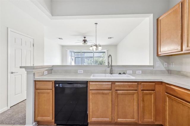 kitchen featuring dishwasher, light carpet, ceiling fan with notable chandelier, sink, and kitchen peninsula