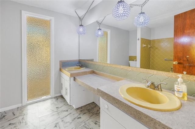 bathroom featuring vanity, a shower, a textured ceiling, and toilet