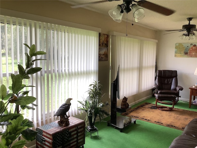 living area with a wealth of natural light, carpet floors, and a textured ceiling