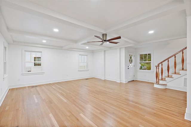 unfurnished living room with beamed ceiling, ceiling fan, light wood-type flooring, and coffered ceiling