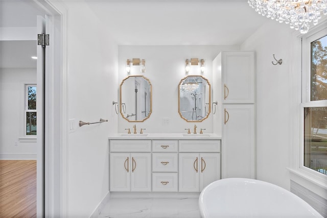 bathroom with vanity and a washtub