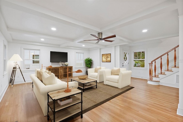 living room featuring beam ceiling, coffered ceiling, and light hardwood / wood-style floors