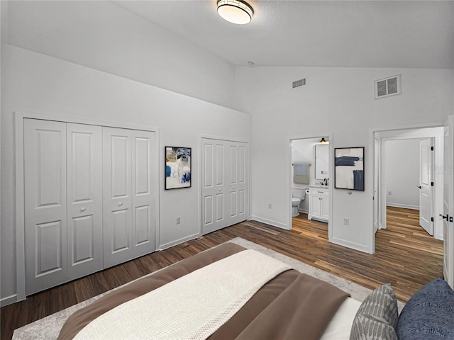 bedroom featuring connected bathroom, high vaulted ceiling, two closets, and dark hardwood / wood-style floors