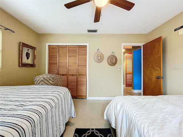 bedroom with ceiling fan and a closet