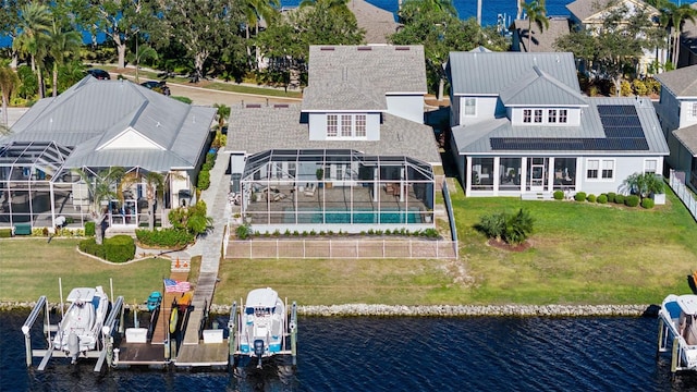 bird's eye view with a water view