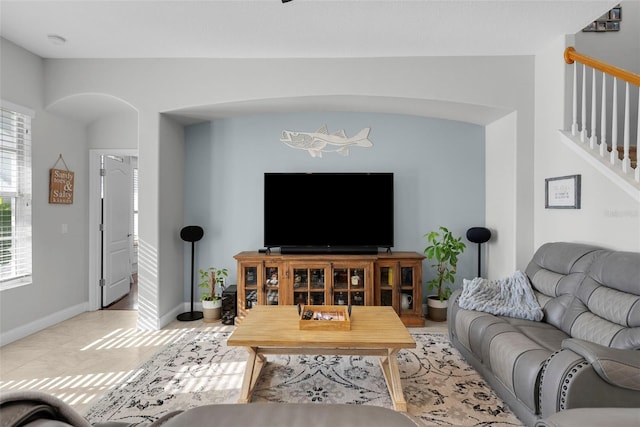 living room featuring light tile patterned floors