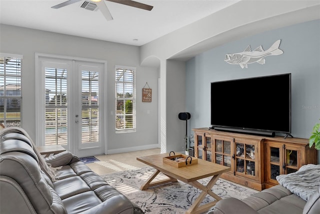 living room with ceiling fan