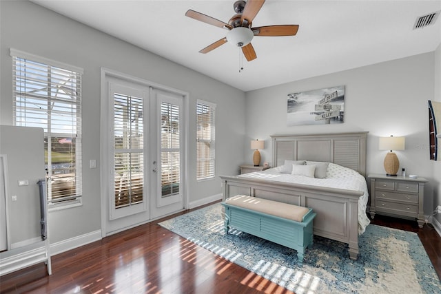 bedroom with dark hardwood / wood-style floors, access to exterior, ceiling fan, and french doors