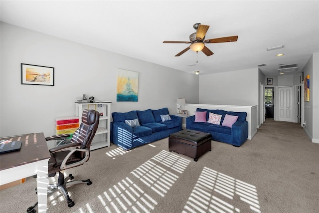 living room featuring light colored carpet and ceiling fan