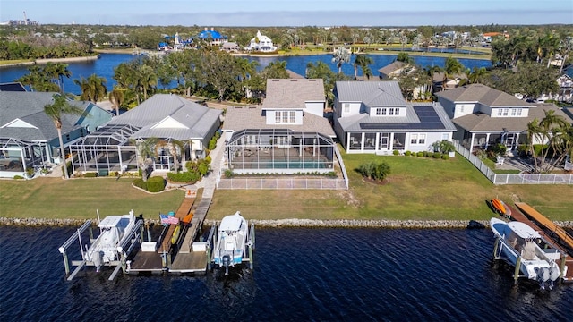 drone / aerial view with a water view