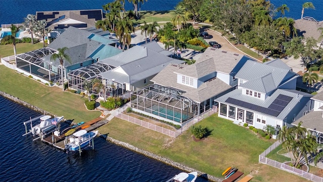 bird's eye view with a water view