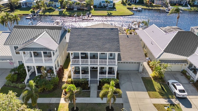 drone / aerial view featuring a water view