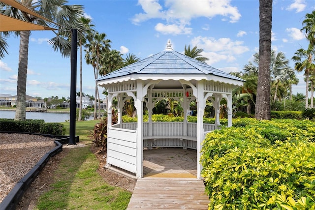 view of community featuring a gazebo and a water view