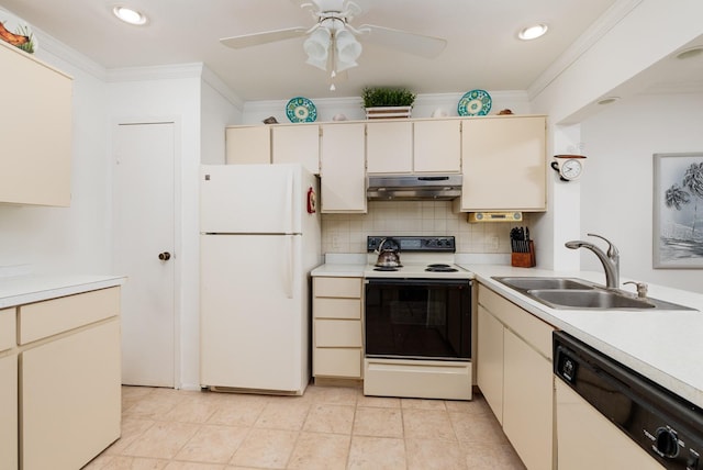 kitchen with cream cabinetry, white appliances, crown molding, and sink