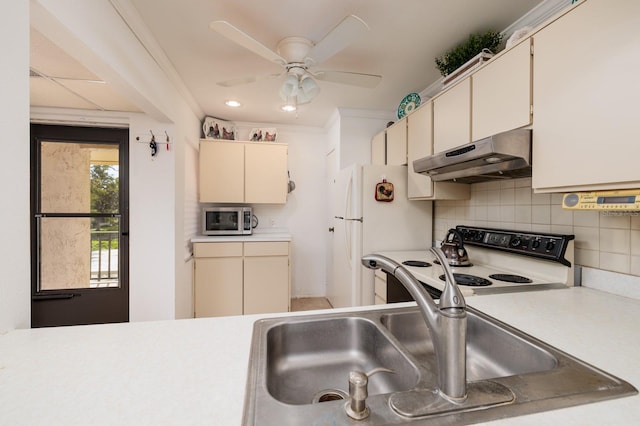 kitchen with sink, range with electric stovetop, cream cabinets, decorative backsplash, and ornamental molding