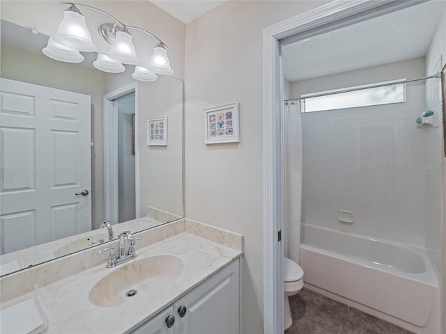 full bathroom with shower / bath combination with curtain, tile patterned floors, vanity, and toilet