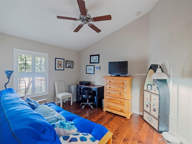 home office featuring hardwood / wood-style flooring, ceiling fan, and lofted ceiling