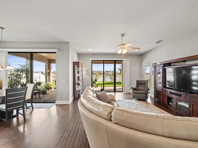 living room featuring a healthy amount of sunlight, dark hardwood / wood-style flooring, and a textured ceiling