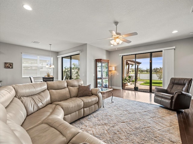 living room featuring ceiling fan with notable chandelier, a healthy amount of sunlight, wood-type flooring, and a textured ceiling